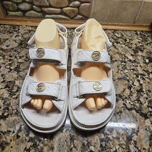 CHANEL White Leather Double-Strap Sandals with Gold Medallions